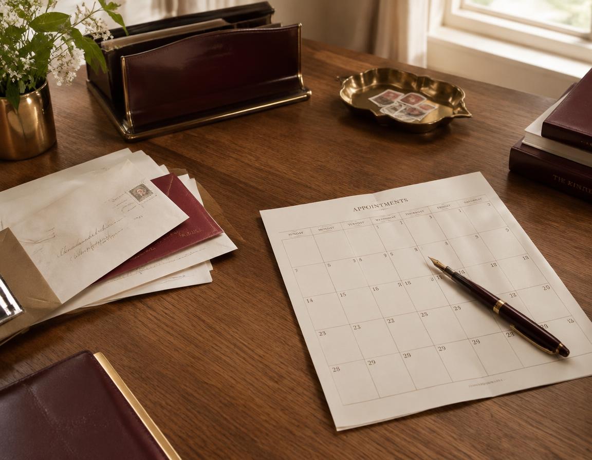 An appointment calendar, correspondence, and a fountain pen on an office desk