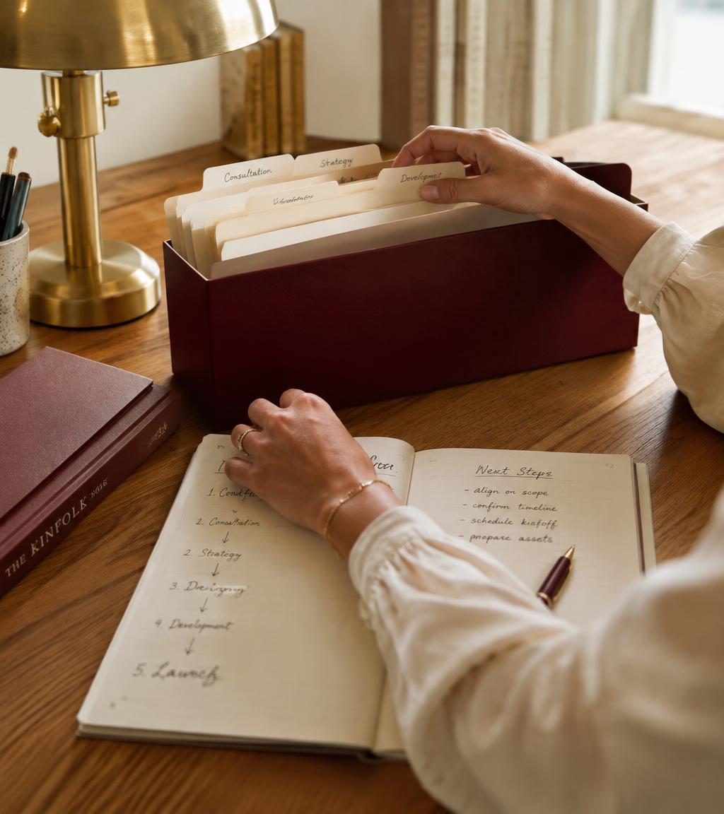 Hands organizing labeled file folders beside a handwritten workflow notebook