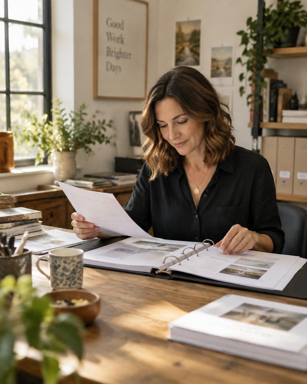 A business owner reviewing organized documents at her office desk