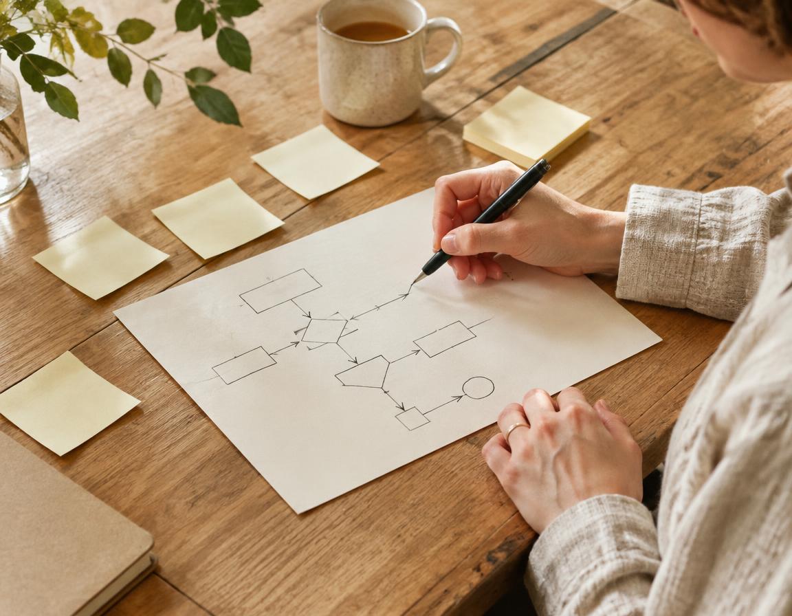 A consultant sketching a process flowchart on paper